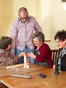 Three mature ladies playing around with one lucky guy